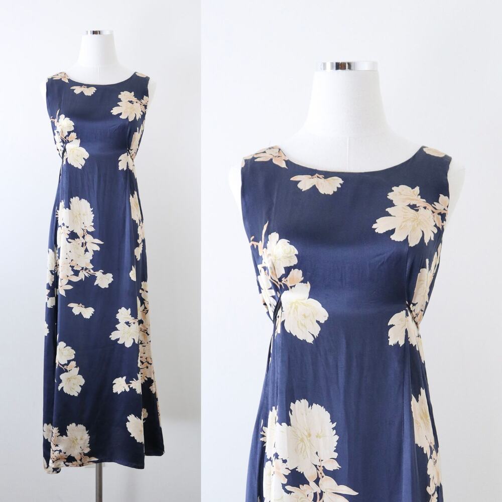 Shun Da Chinese 100% Silk Floral Printed Midi Dress Navy Blue Cream - Picture 1 of 12